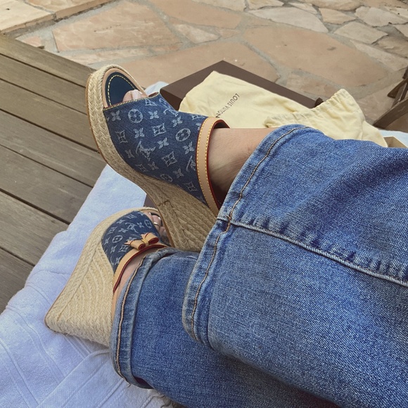 Louis Vuitton Shoes - Louis Vuitton Blue Monogram Denim Wedge Espadrilles